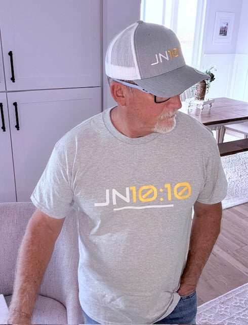 JN10:10 (John 10:10) Heather Grey/White White/Yellow Embroidered Trucker Cap